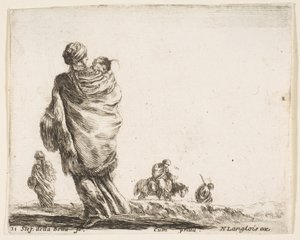 Placa 21: uma pobre mulher para sair, vista por trás, envolvendo seu filho em um xale..., ca. 1644-47. de Stefano della Bella