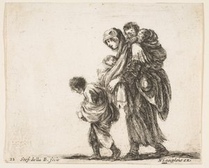 Ilustração 22: uma mendiga com três filhos, um filho nos ombros, um filho ..., ca. 1644-47. de Stefano della Bella