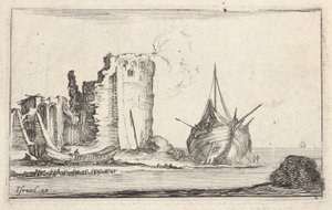 Ilustração 2: um navio à direita e um barco a remos à esquerda, lavado na praia, uma torre em ruínas b ..., ca. 1642 de Stefano della Bella