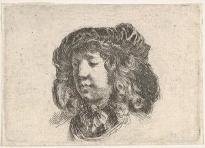 Gravura 34: cabeça de um jovem com um gorro adornado com algumas penas, virou três quartos..., ca. 1646. de Stefano della Bella