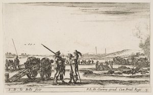 Ilustração 3: Um oficial que dá ordens a um soldado no centro do primeiro plano, canhão à esquerda, f ..., ca. 1641 de Stefano della Bella