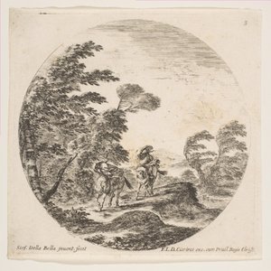 Ilustração 3: um vendaval na floresta, dois cavaleiros envoltos em seus mantos, com o vento inchado ..., ca. 1646 de Stefano della Bella
