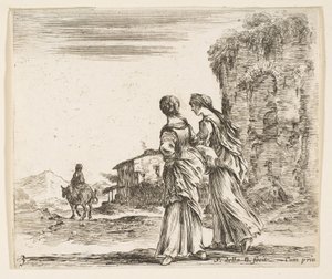 Ilustração 3: duas garotas caminhando para a esquerda, vistas de trás, uma mulher montada em um cavalo t ..., ca. 1644-47. de Stefano della Bella
