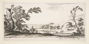 Prato 3: dois cavaleiros atravessando um rio à direita, uma mulher com duas cestas em cima de um burro, ca. 1641. de Stefano della Bella