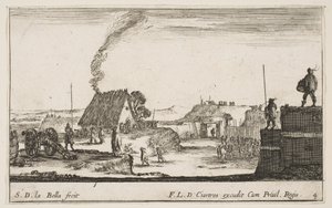 Ilustração 4: Um acampamento militar com um soldado em um parapeito à direita beati ..., ca. 1641 de Stefano della Bella