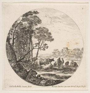 Ilustração 4: uma capital coríntia no chão à esquerda, um monumento com figuras em baixa reg ..., ca. 1646 de Stefano della Bella