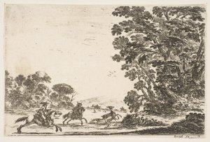 Ilustração 4: uma caça ao cervo, dois cavaleiros galopando para a esquerda atrás de três cães e um cervo ..., 1642. de Stefano della Bella