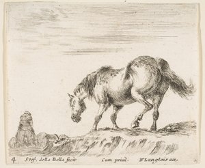 Prato 4: um cavalo de perfil virado para a esquerda, prestes a descer de um monte, um cavalo..., ca. 1644-47. de Stefano della Bella