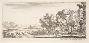 Placa 4: dois peregrinos observando ruínas à direita, um apontando para a direita, um shep..., ca. 1641. de Stefano della Bella