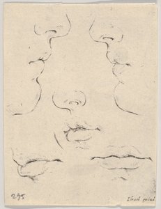 Ilustração 4: dois perfis e três bocas, de The Book for Learning to Draw Livre po ..., ca. 1649 de Stefano della Bella