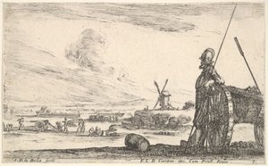 Ilustração 5: Um Pikeman parado ao lado de um cânone, outras figuras militares na ba ..., ca. 1641 de Stefano della Bella
