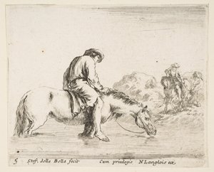 Ilustração 5: um camponês descalço a cavalo atravessando um rio, outro camponês a cavalo ..., ca. 1644-47. de Stefano della Bella