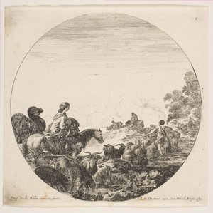 Ilustração 5: uma mulher carregando uma criança a cavalo à esquerda, um camelo a seguindo, um rebanho de ..., ca. 1646 de Stefano della Bella