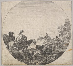 Ilustração 5: uma mulher carregando um filho a cavalo para a esquerda, um camelo a seguindo, um rebanho ..., ca. 1643-48. de Stefano della Bella