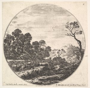 Ilustração 6: vacas cruzando um vale para a esquerda, um grupo de árvores para a esquerda, um cavaleiro e o ..., ca. 1643-48. de Stefano della Bella