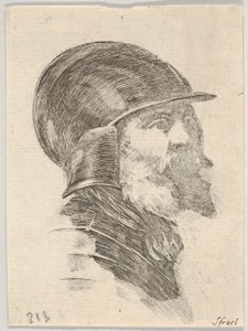 Ilustração 6: cabeça de um velho soldado barbudo usando um capacete voltado para a direita, de Various heads ..., 1650. de Stefano della Bella