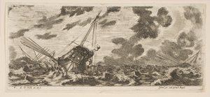 Ilustração 6: três navios em uma tempestade, dos embarques de Various Embarkations Divers, ca. 1646-47. de Stefano della Bella