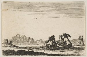 Ilustração 7: Dois nobres sentados no centro, vistos por trás, conversando com um mar nobre ..., 1642. de Stefano della Bella