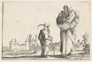 Ilustração 7: uma camponesa carregando uma criança para a direita, falando com outra criança em pé..., ca. 1642.