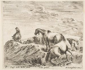 Ilustração 7: dois cavalos subindo a margem de um rio à direita, seguindo uma procissão ..., ca. 1644-47. de Stefano della Bella