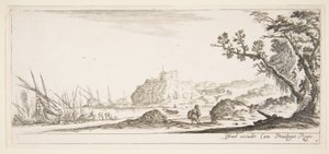 Ilustração 7: vários barcos na praia para a esquerda, um homem carregando uma sacola, vista de trás e wa ..., ca. 1641 de Stefano della Bella