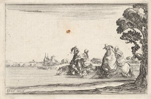 Placa 8: dois cavaleiros de chapéu à direita, cada um com uma mulher sentada atrás deles, cavalgando t..., ca. 1642. de Stefano della Bella