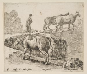 Placa 9: uma vaca a subir um banco, uma camponesa a conduzir duas vacas através de uma ponte i..., ca. 1644-47. de Stefano della Bella