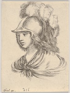 Ilustração 9: busto de Minerva, usando um capacete com penas, olhando para a esquerda, a partir de ..., 1650. de Stefano della Bella