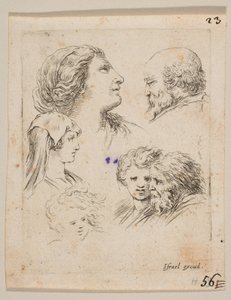 Ilustração 9: cinco cabeças, duas moças à esquerda, um homem barbudo no canto superior direito, uma moça ..., ca. 1649 de Stefano della Bella