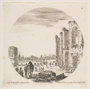 Ilustração 9: o Arco de Constantino à esquerda, parte do Coliseu à direita, vários hors ..., ca. 1646 de Stefano della Bella