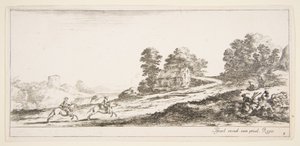 Ilustração 9: dois cavaleiros à esquerda galopando subindo em direção à direita, um cavalo e sentado ..., ca. 1641 de Stefano della Bella