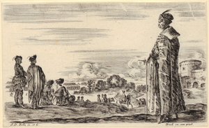 Postes com chapéu de penas e casaco, virados para a esquerda, folha 7 da série «Figuras e países diversos» de Stefano della Bella