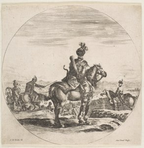 Cavaleiro polonês com arco e flecha, visto por trás com o cavalo voltado para a direita, ... ca. 1651 de Stefano della Bella