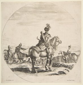 Cavaleiro polonês com arco e flecha, visto por trás com o cavalo voltado para a direita, ... ca. 1651 de Stefano della Bella