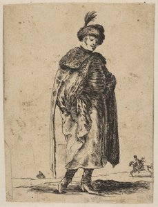 Polonês com um bigode vestindo um casaco de pele e um chapéu com uma pena, ca. 1648
