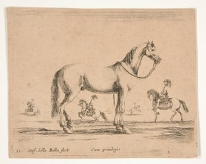 Cavalo sem cavaleiro, com cavaleiros fazendo adestramento em segundo plano de Stefano della Bella