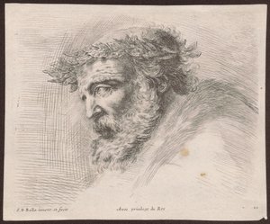 Estudo da cabeça de um ancião barbudo com uma coroa de louros, de perfil, voltada para a esquerda, do ciclo «Principii del disegno» de Stefano della Bella