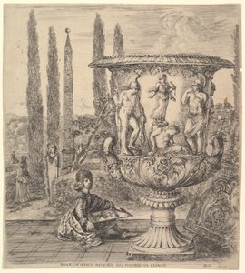 O vaso Medici, um vaso grande à direita, decorado com uma representação do sacrifício de ..., 1656. de Stefano della Bella