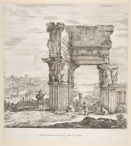 O Templo de Vespasiano e o Fórum Romano, de seis grandes vistas, quatro de Roma e duas ..., 1656.