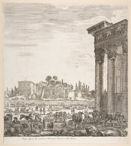 As colunas do templo de Antonino à direita, uma parte do Campo Vaccino no centro e ..., 1656. de Stefano della Bella