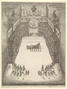 Teatro em Modena, visto de cima e cheio de espectadores, com um carro triunfal no cen ..., 1652.