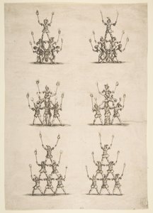 Trinta e seis acrobatas em seis grupos, 1652. de Stefano della Bella