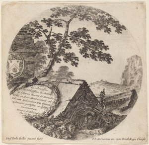 Página de título para "Paisagens e ruínas de Roma" de Stefano della Bella