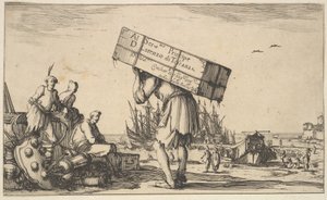 Página de rosto: um homem carregando uma caixa nas costas no centro, três homens olhando para ele em ..., 1639. de Stefano della Bella