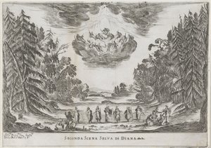 Tweede scène: het bos van Diana
Segunda cena Selva di Diana (título sobre o objecto)
Liberetto ter ere van de bruiloft van Ferdinando II de