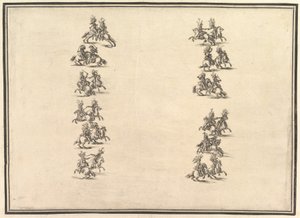 Vinte e quatro cavaleiros duelando e formando duas colunas, de La Gara delle Stagioni, 1652. de Stefano della Bella