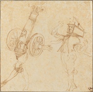 Dois homens em trajes de máscaras: um tiro de canhão e um gato dentro de uma ratoeira, c. 1645. de Stefano della Bella