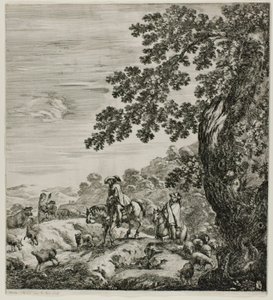 Dois Cavaleiros Passando por um Rebanho, prato cinco de As Seis Grandes Vistas de Roma e da Campagna de Stefano della Bella