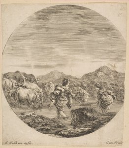 Duas mulheres atravessando um riacho, ca. 1646 de Stefano della Bella