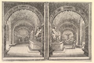 Duas vistas de uma gruta, ambas vistas com uma fonte com uma estátua sentada, vista do ..., ca. 1653 de Stefano della Bella